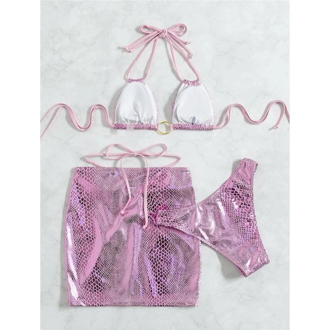 Sexy With Skirt Shiny Snake Skin Bikini Women Swimwear Female Swimsuit Three-pieces Bikini set Bather Bathing Suit Swim K4237