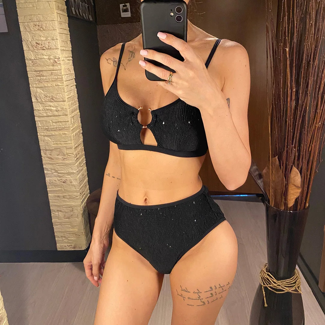 Glitter Sparkling Cut Out Female Swimsuit High Waist Bikini Women Swimwear Two-pieces Bikini set Bather Bathing Suit Swim V5389