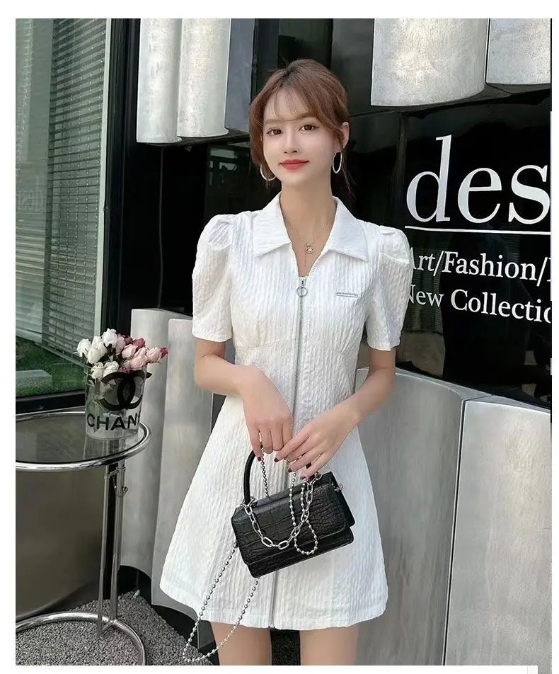 Summer Fashion Retro French Style Black White Chic Elegant Dresses for Women Casual Zipper Short Sleeve Slim Midi Dress Vestidos