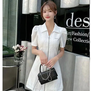 Summer Fashion Retro French Style Black White Chic Elegant Dresses for Women Casual Zipper Short Sleeve Slim Midi Dress Vestidos