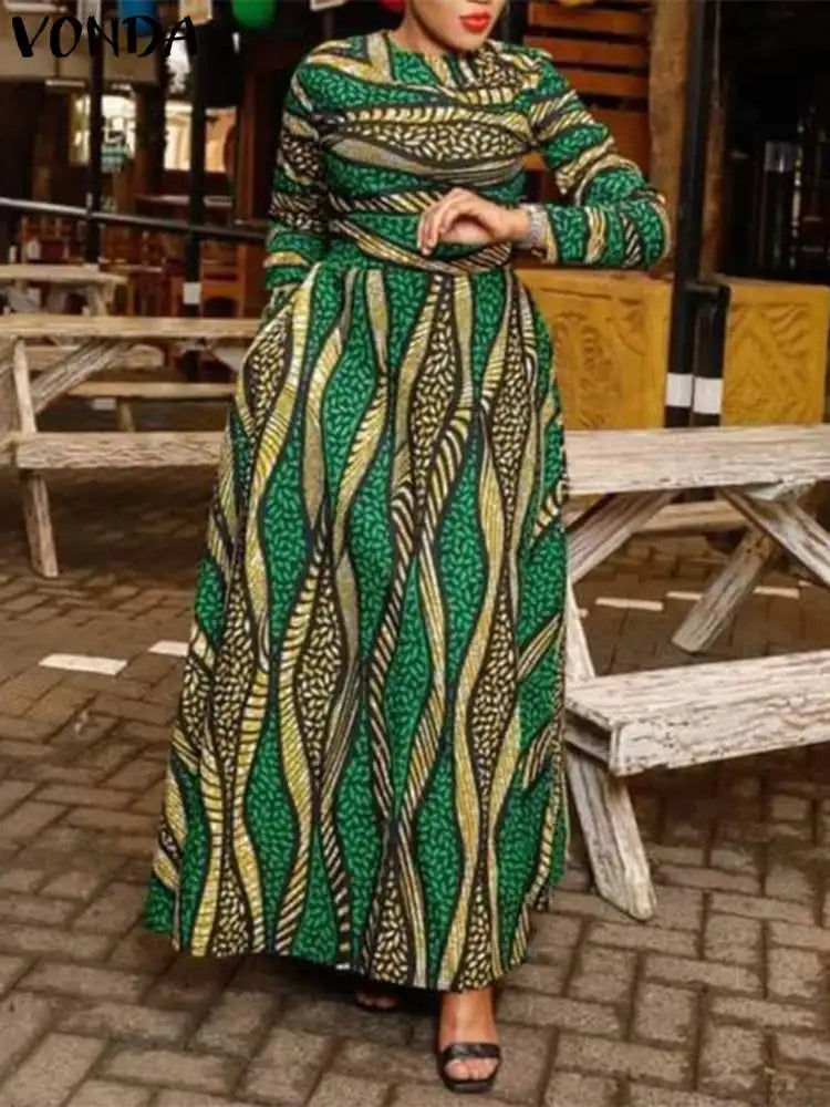 Plus Size 5XL VONDA Maxi Dress 2024 Oversized Women Bohemian Long Sleeve Vintage Printed Sundress Autumn Casual Loose Vestidos