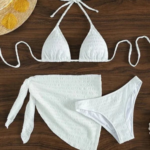 New 3 Pieces Set Swimsuit Women Thong Swimwear Sexy Micro Bikini Set With Sarong Skirts Cover Up Beach Wear Bathing Suit White