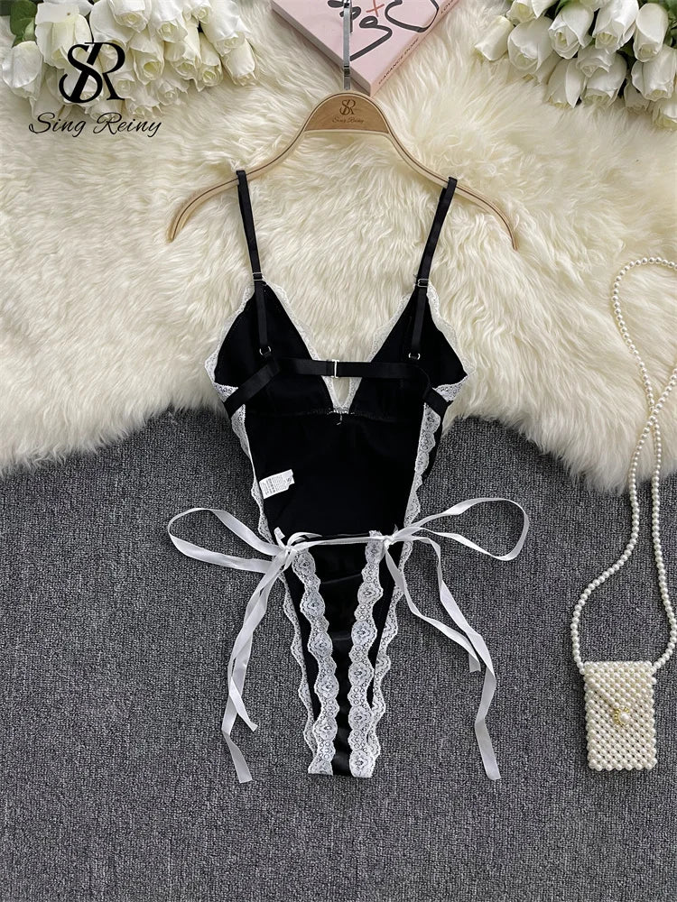 SINGREINY Christmas Leather Sexy Bodysuit Strap Bandage Design Lingerie Rompers 2024 V Neck Hollow Out Backless Erotic Playsuit