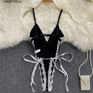 SINGREINY Christmas Leather Sexy Bodysuit Strap Bandage Design Lingerie Rompers 2024 V Neck Hollow Out Backless Erotic Playsuit