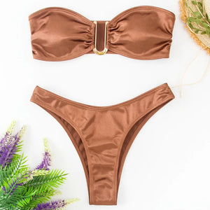 Sexy U Shaped Bandeau Bikinis Set Mujer Strapless Swimwear Women Gold Swimsuit Bathing Suit Biquinis Brazilian Bikini Swim 2024