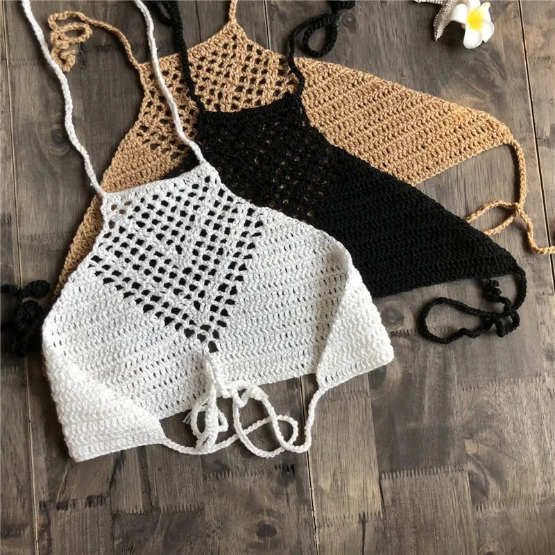 Hand Crochet Bikini Womens Sexy Beach Handmade Crochet Wrap Neck Bikini Bra Swimwear Swimwear Beachwear Womens Tops