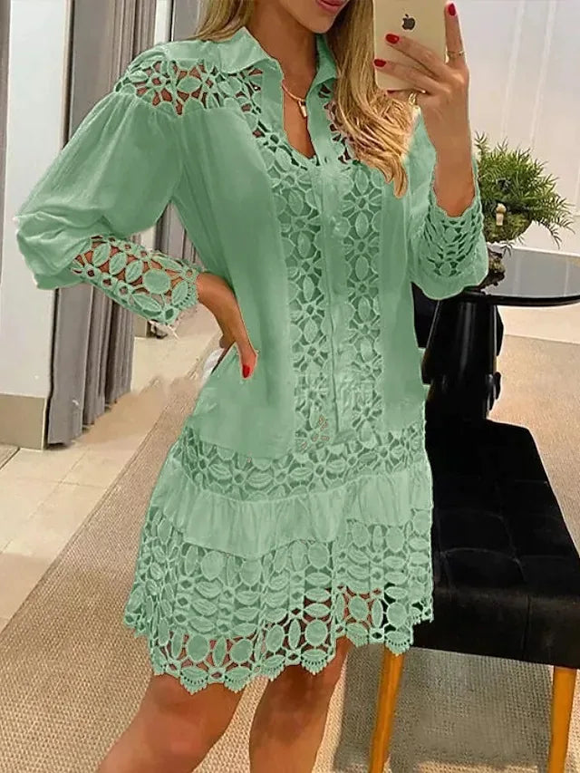 Spring Summer New Long Sleeve For Women's Dresses Solid Color Lace Splicing Fashion Cutout Shirt Elegant Female Sexy Dress