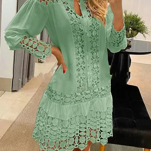 Spring Summer New Long Sleeve For Women's Dresses Solid Color Lace Splicing Fashion Cutout Shirt Elegant Female Sexy Dress