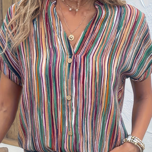 Plus Size Casual Blouse, Women's Plus Stripe Print Button Decor Short Sleeve Notched Neck Blouse