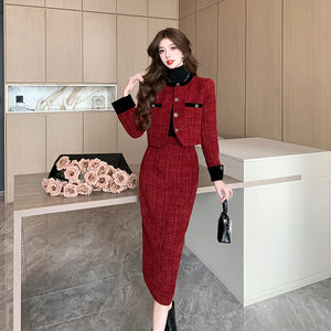 Women’s Trendy Tweed Two-Piece Set Vintage Chic Single Breasted Cropped Blazer Jacket+Long Skirt Suit Small Fragrant Outfits