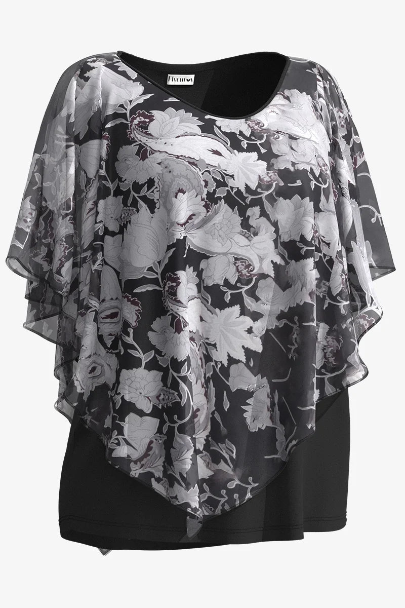 Plus Size Women Blouse Cloak Loose Casual Floral Print Ruffle Batwing Cape Sleeve Tee Top Medium Stretch Women Shirt Top