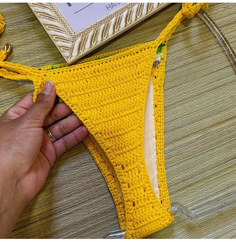 2024 Crochet Handmade Bikini Sets Sexy String Brazil Bathing Suit Swimsuit  Swimwear Boho Beachwear For Women Vacation Outfit