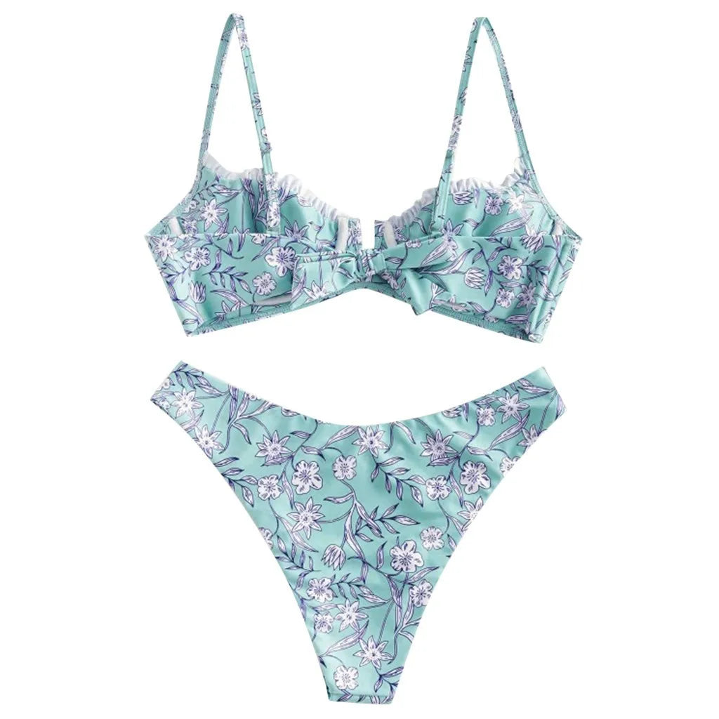 Flower Print High Cut V Neck Two Pieces Swimsuit Women Plus Size Swimwear Swimsuit Beachwear Swimwear Women Plus купальник