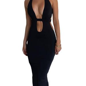 Sexy Cutout Halter Neck Backless Maxi Dress Tie-Up Black Elegant Cocktail Party Dresses for Women Clothing Autumn Fashion