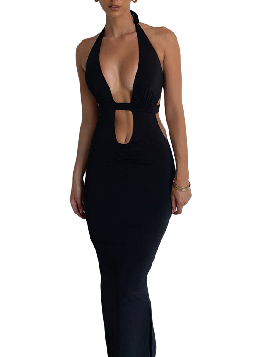 Sexy Cutout Halter Neck Backless Maxi Dress Tie-Up Black Elegant Cockt Global Fashions GC Sexy Cutout Halter Neck Backless Maxi Dress Tie-Up Black Elegant Cockt Global Fashions GC