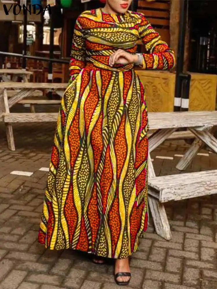 Plus Size 5XL VONDA Maxi Dress 2024 Oversized Women Bohemian Long Sleeve Vintage Printed Sundress Autumn Casual Loose Vestidos