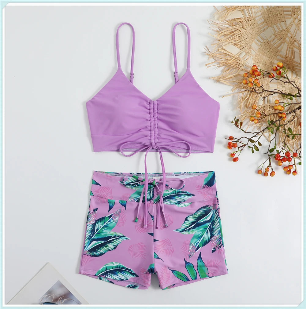 Tropical Print Drawstring Bikini Women High Waist Swimsuit Front Tie Shorts Swimwear Female Sexy Bathing Suit Beach Wear Summer