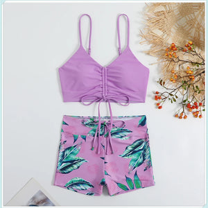 Tropical Print Drawstring Bikini Women High Waist Swimsuit Front Tie Shorts Swimwear Female Sexy Bathing Suit Beach Wear Summer