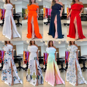 Summer Fashion Elegant Oblique Neck Split Evening Dress Women Sexy Off Shoulder Solid Split Dress Women