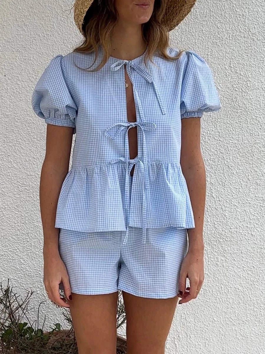 Summer Women’s Casual Plaid 2 Piece Outfits Puff Sleeve Tie Knot Front Tops + Shorts Set Womens Two Piece Outfits