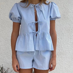 Summer Women’s Casual Plaid 2 Piece Outfits Puff Sleeve Tie Knot Front Tops + Shorts Set Womens Two Piece Outfits