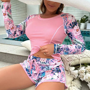 2 Pcs/Set Women Swimsuit Set Long Sleeves O Neck Floral Print Top Drawstring Elastic Waist Shorts Water Sports Top Shorts Set