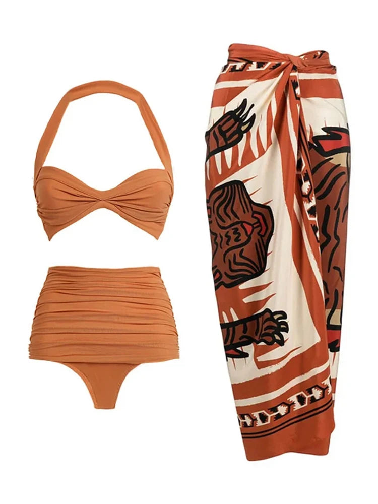 OIINAA Swimwear Women Solid Sexy One Shoulder Swimsuit Halter Ruched Rust Beachwear Bikini Set Vintage Print Summer Bathing Suit