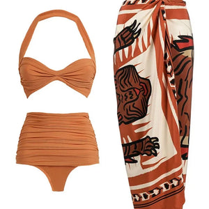 OIINAA Swimwear Women Solid Sexy One Shoulder Swimsuit Halter Ruched Rust Beachwear Bikini Set Vintage Print Summer Bathing Suit