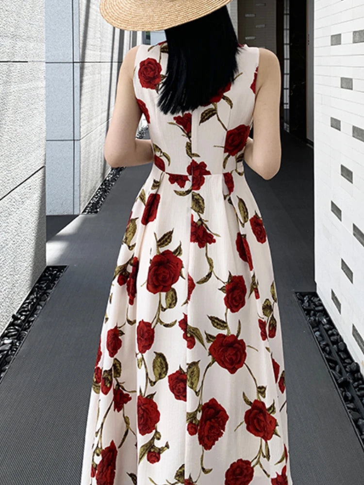 Women's Summer Elegant Floral Print Rose Strap Midi Dress Sleeveless Casual Beach Party Sundress Female Fashion A-Line Vestidos