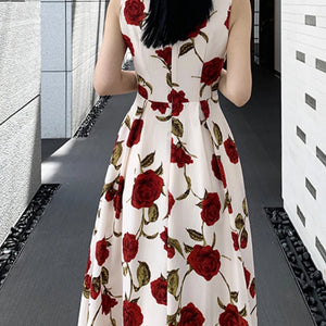 Women's Summer Elegant Floral Print Rose Strap Midi Dress Sleeveless Casual Beach Party Sundress Female Fashion A-Line Vestidos