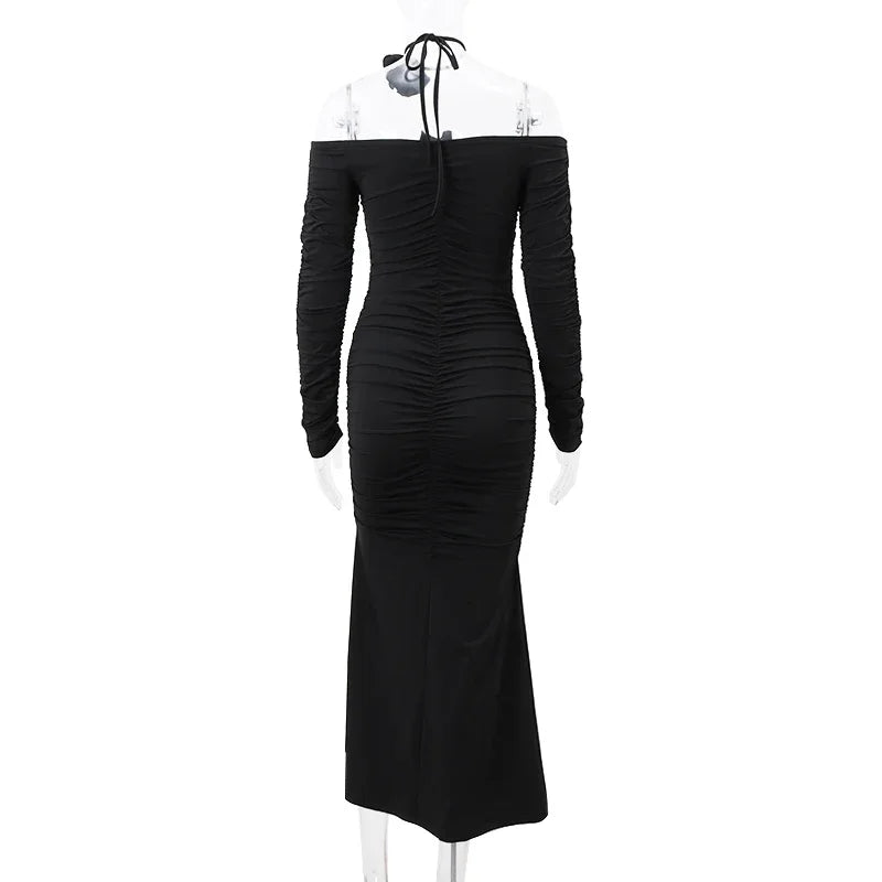 Feminine U-neck tie-back long-sleeved dress