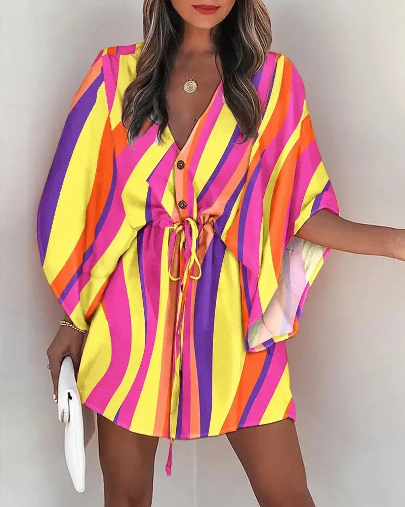 Summer Casual Dress Women Fashion Flying Sleeve V-neck Print Beach Party Dresses Elegant Lace Up Mini Dress Robe Femme 2023 New