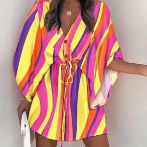 Summer Casual Dress Women Fashion Flying Sleeve V-neck Print Beach Party Dresses Elegant Lace Up Mini Dress Robe Femme 2023 New