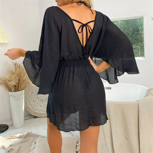 New Sexy V Neck Long Sleeve Backless Chiffon Tunic Beach Cover Up Beach Cover-ups Beach Dress Beach Wear Beachwear V3840