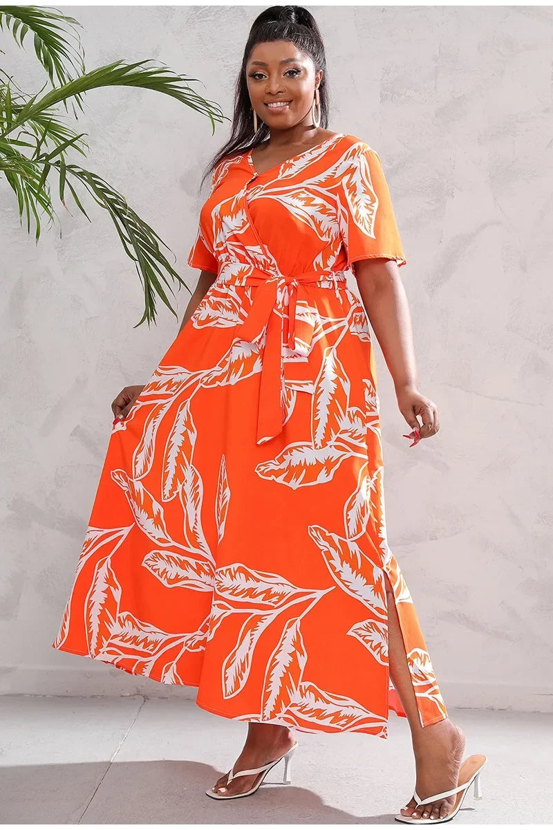 plus size New best-selling oversized loose V-neck dress for women with elastic waist  short sleeved printed long skirt