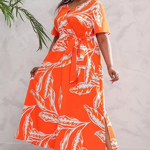 plus size New best-selling oversized loose V-neck dress for women with elastic waist  short sleeved printed long skirt