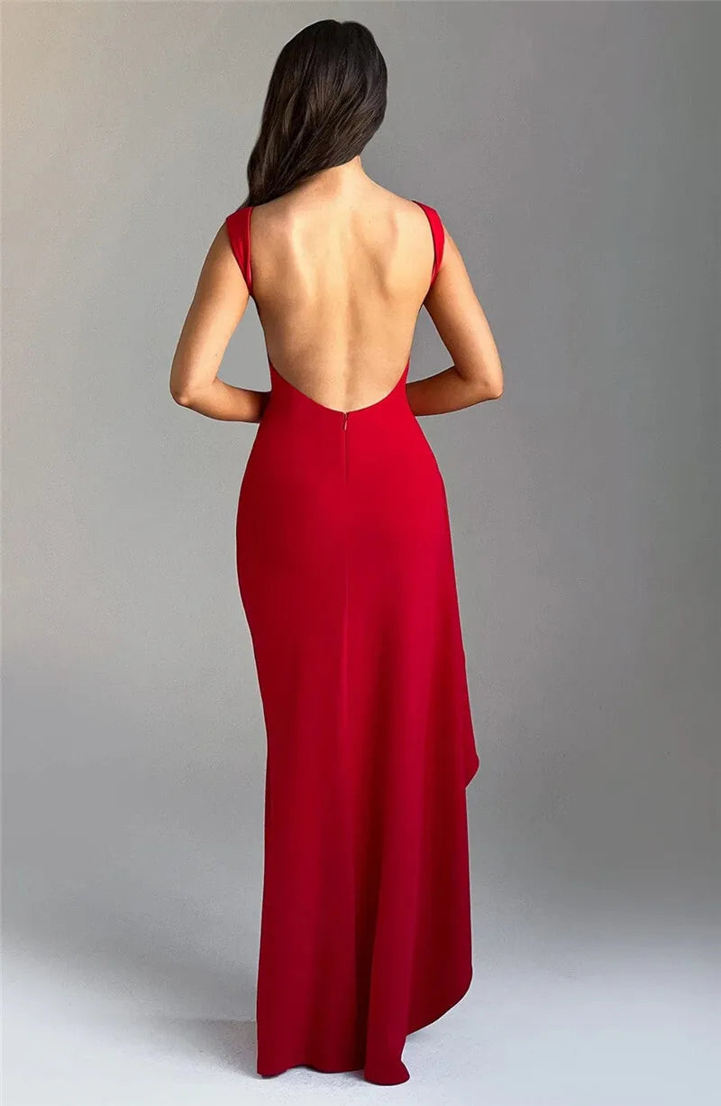 Mozision Elegant Backless Sexy Maxi Dress For Women Fashion New O Neck Sleeveless Thigh High Split Club Party Long Dress