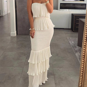 Women Fashion Bandeau Shirred Ruffle Hem Layered Dress