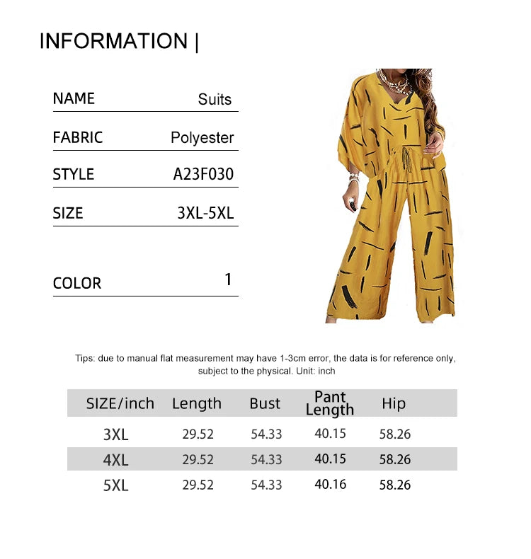 Plus Size Fashion Women's Summer Loose Printed Long Sleeve Top and Pocket Trousers Country Two Piece Set