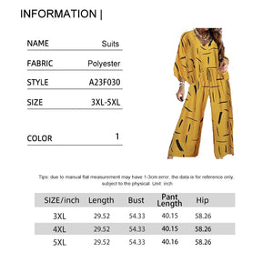 Plus Size Fashion Women's Summer Loose Printed Long Sleeve Top and Pocket Trousers Country Two Piece Set