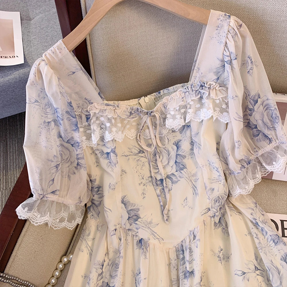 2024 Summer new French casual print dress Lace embellished chiffon fabric loose comfortable puffy sleeve party dress plus size