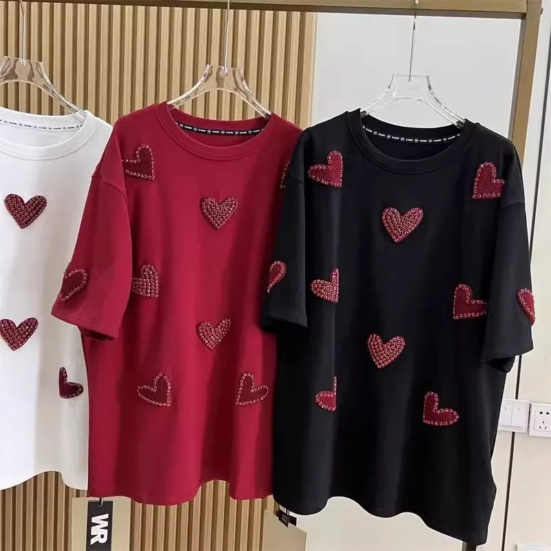 Plus Size 3D Love Towel Embroidery Women T-shirts 150kg XL-4XL Stamping Diamonds Female Tee 2024 Summer New Short Sleeve Top Y2k