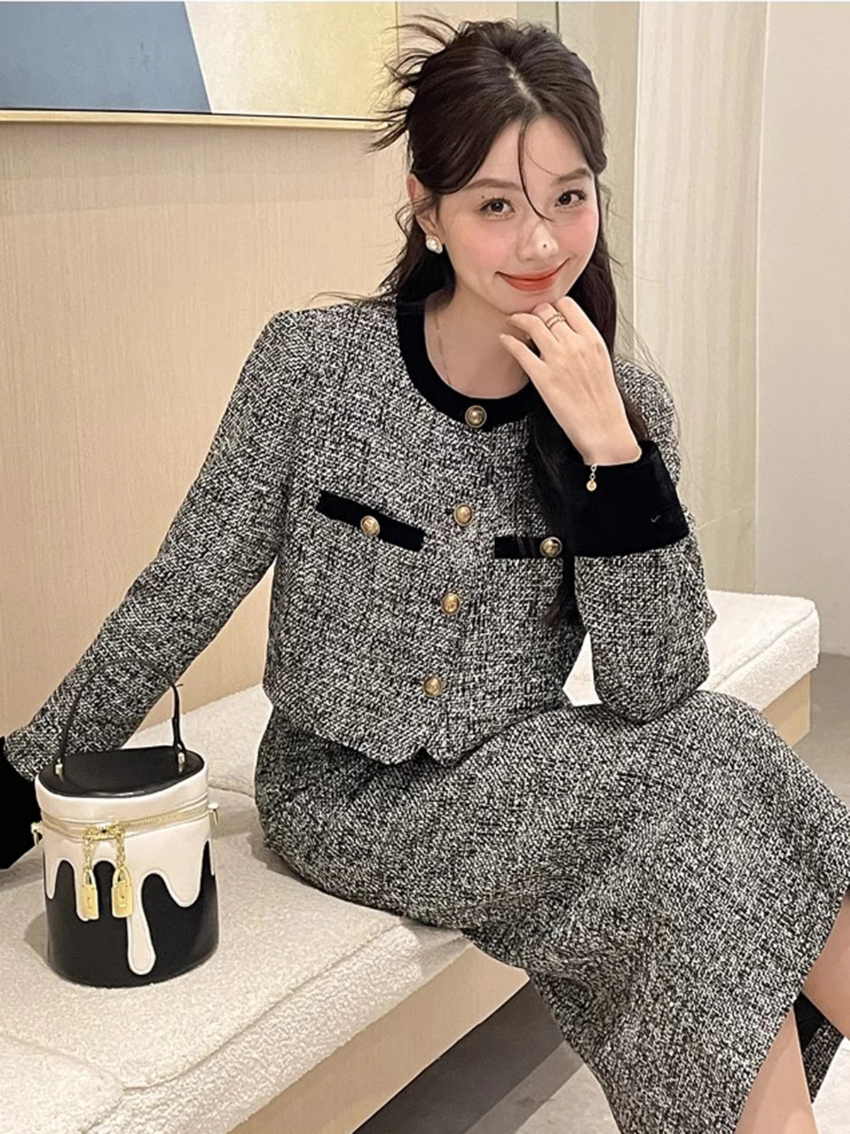 Women’s Trendy Tweed Two-Piece Set Vintage Chic Single Breasted Cropped Blazer Jacket+Long Skirt Suit Small Fragrant Outfits