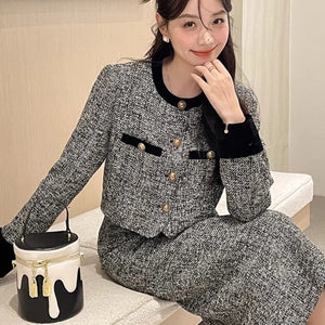 Women’s Trendy Tweed Two-Piece Set Vintage Chic Single Breasted Cropped Blazer Jacket+Long Skirt Suit Small Fragrant Outfits