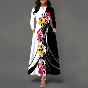 2023 Plus Size Autumn Winter Long Dress Women White Long Sleeve O-neck Pocket Elegant Dresses Casual Flowers Print Vintage Dress