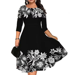 Women Dress Summer O-neck 3/4 Sleeve Midi Dress Plus Size Butterflies Printing Waist Tight Loose Hem Casual Dress Streetwear