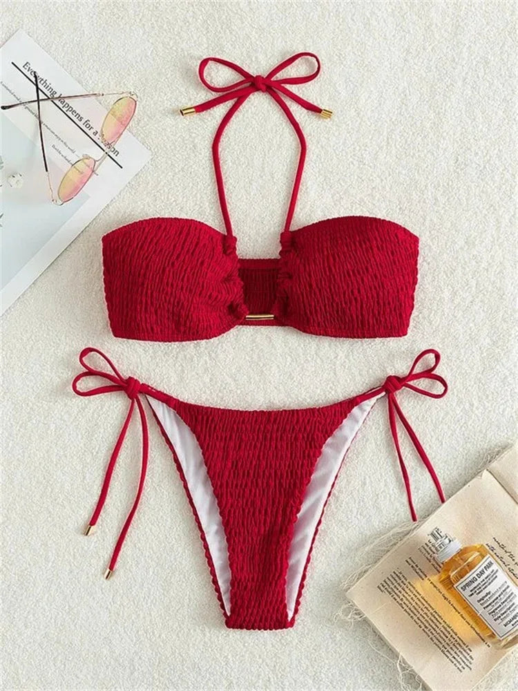 Sexy Triangle Bikini 2024 Women Red Black Ribbed Push Up Micro Swimsuit Cut Out Metal Designer Bathing Suit Knot Thong Swimwear