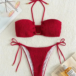 Sexy Triangle Bikini 2024 Women Red Black Ribbed Push Up Micro Swimsuit Cut Out Metal Designer Bathing Suit Knot Thong Swimwear