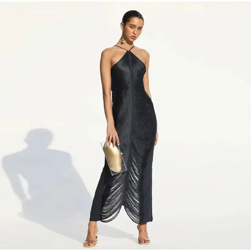 Women Sexy Tassel Back Slit Halter Dress Fashion Solid Off Shoulder Sleeveless Slim Long Dresses 2024 Lady Evening Party Robe