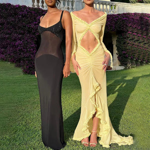 Nsauye Sexy Dress Summer Beach Women Long Sleeve Mesh Ruched Ruffles Maxi Wrap Cut Out Party Club Fashion Elegant Dress 2024